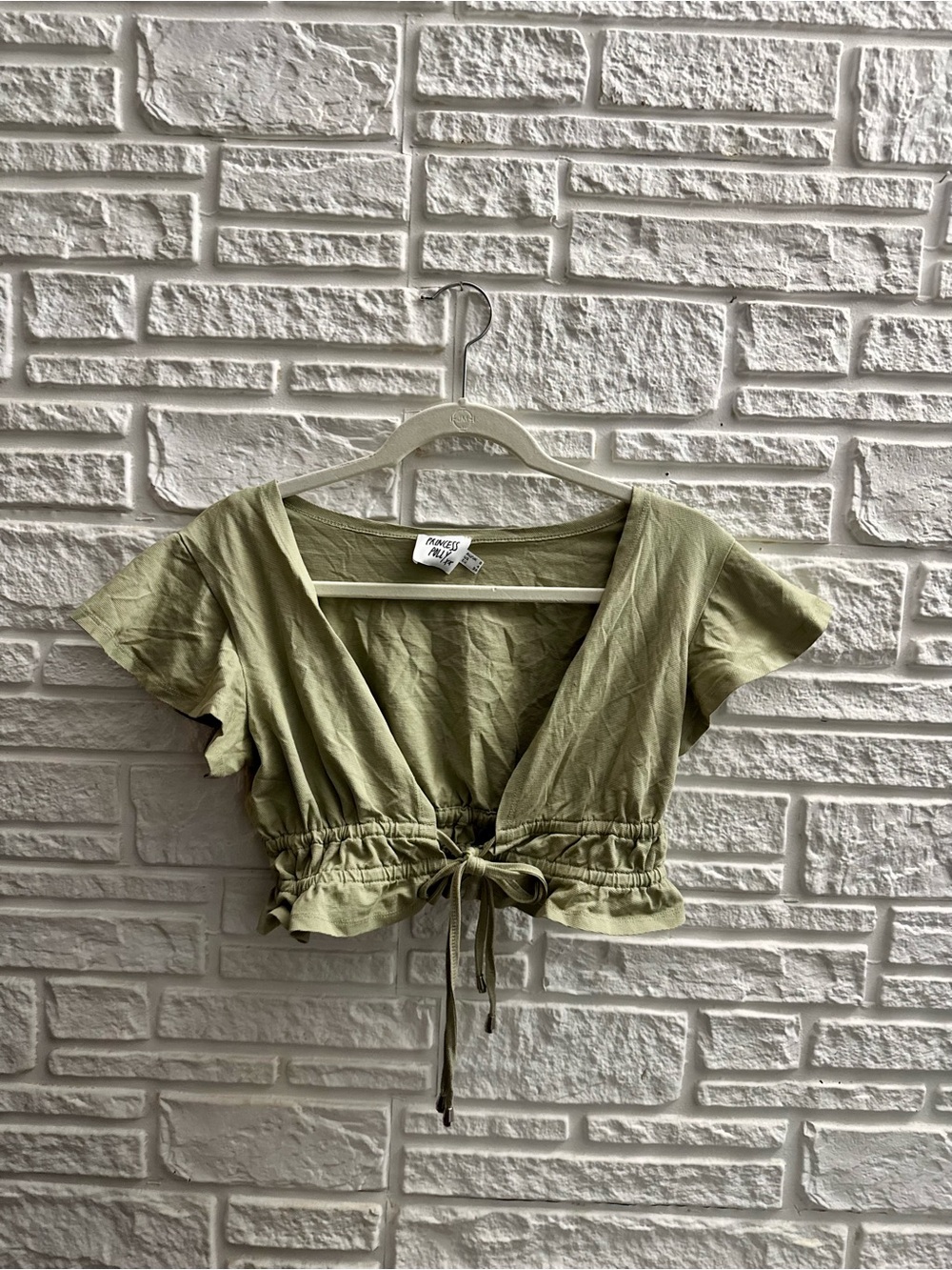 Princess Polly Sage Green Ruched Tie Front Crop Top Size 4